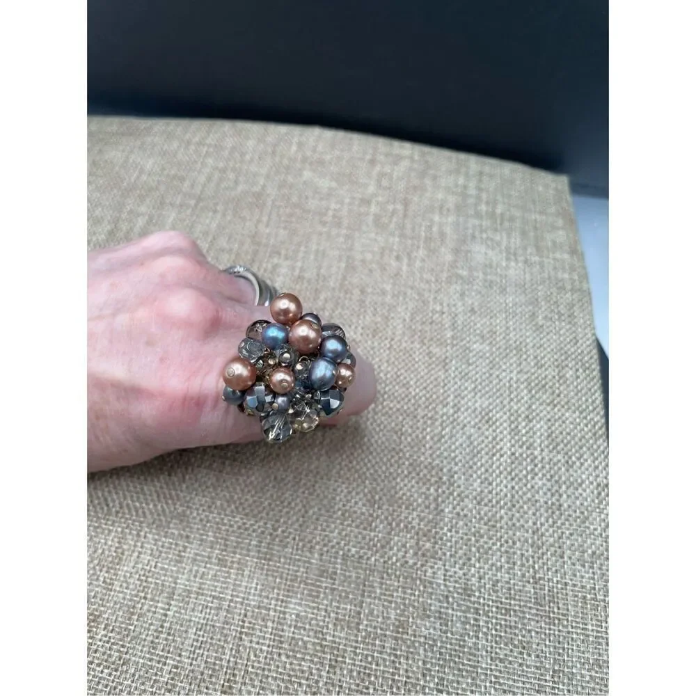 Vintage Beaded Wire Wrapped Pearl Mixed Beaded Cluster Ring Adjustable Sz 7.5